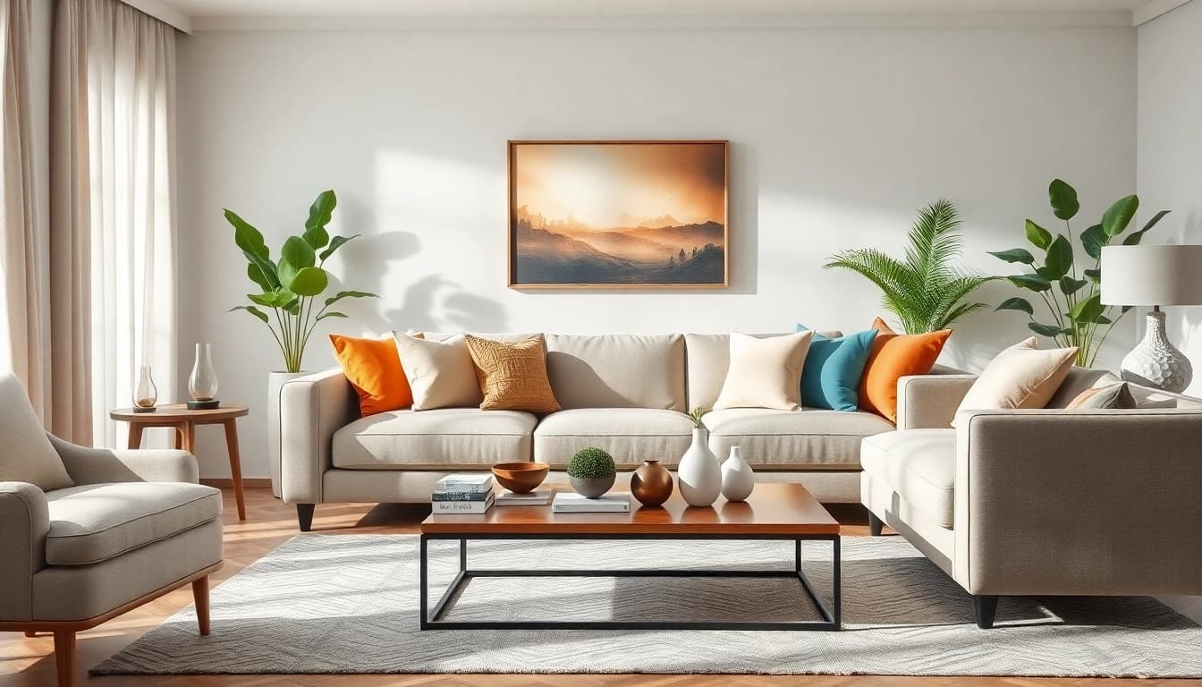 Möbelzubehör-Anbieter präsentiert stilvolle Wohnaccessoires in einem modernen Wohnzimmer.