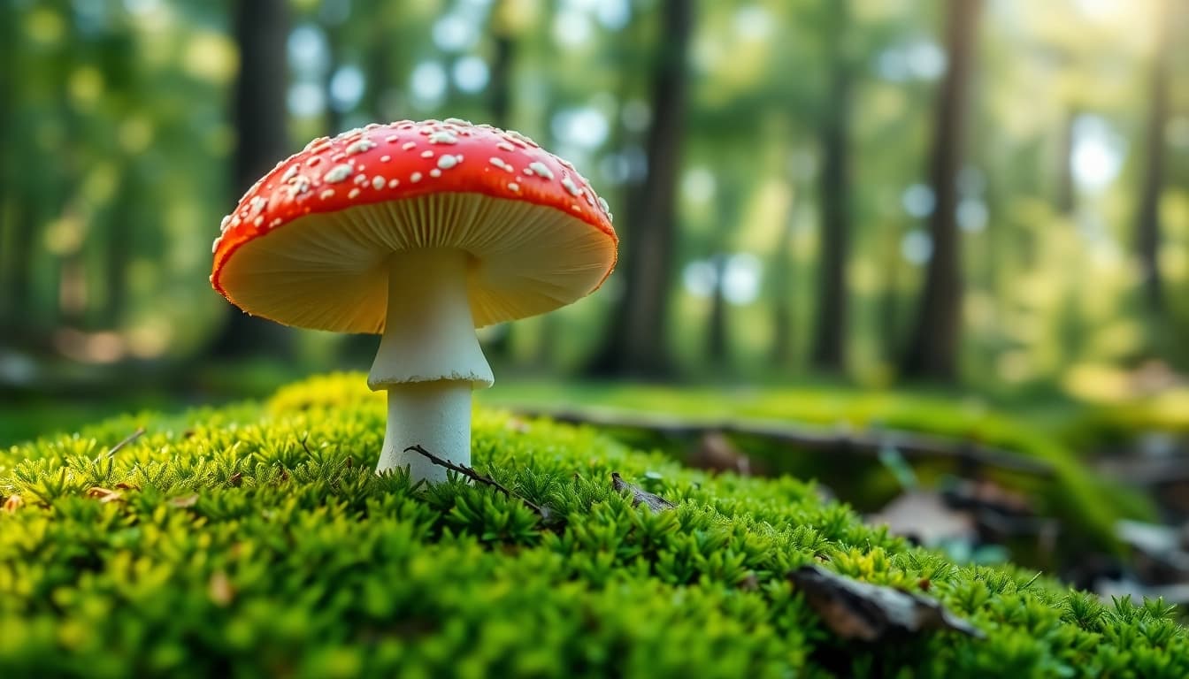 Fliegenpilz pulver auf einem lebendigen roten Hut des Fliegenpilzes vor einem Moosbett.
