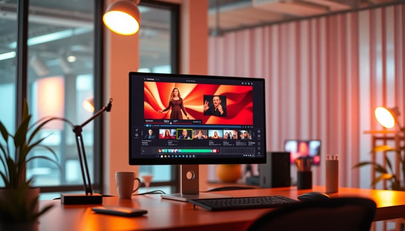Creating engaging content with AI video generators in a lively workspace setting, showcasing versatility and creativity.