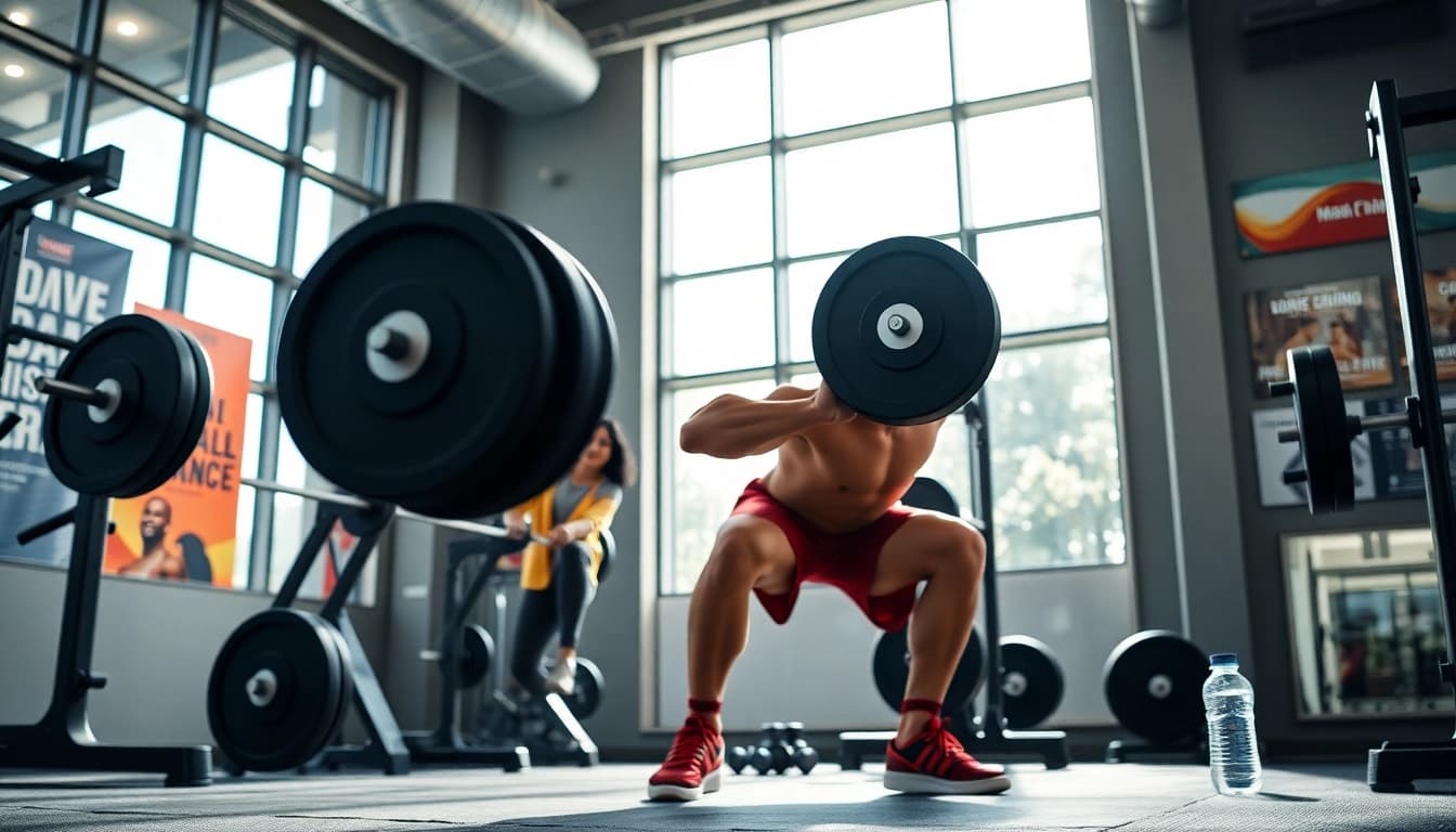 HGH kaufen: Motivierter Athlet bei Krafttraining in modernem Fitnessstudio.