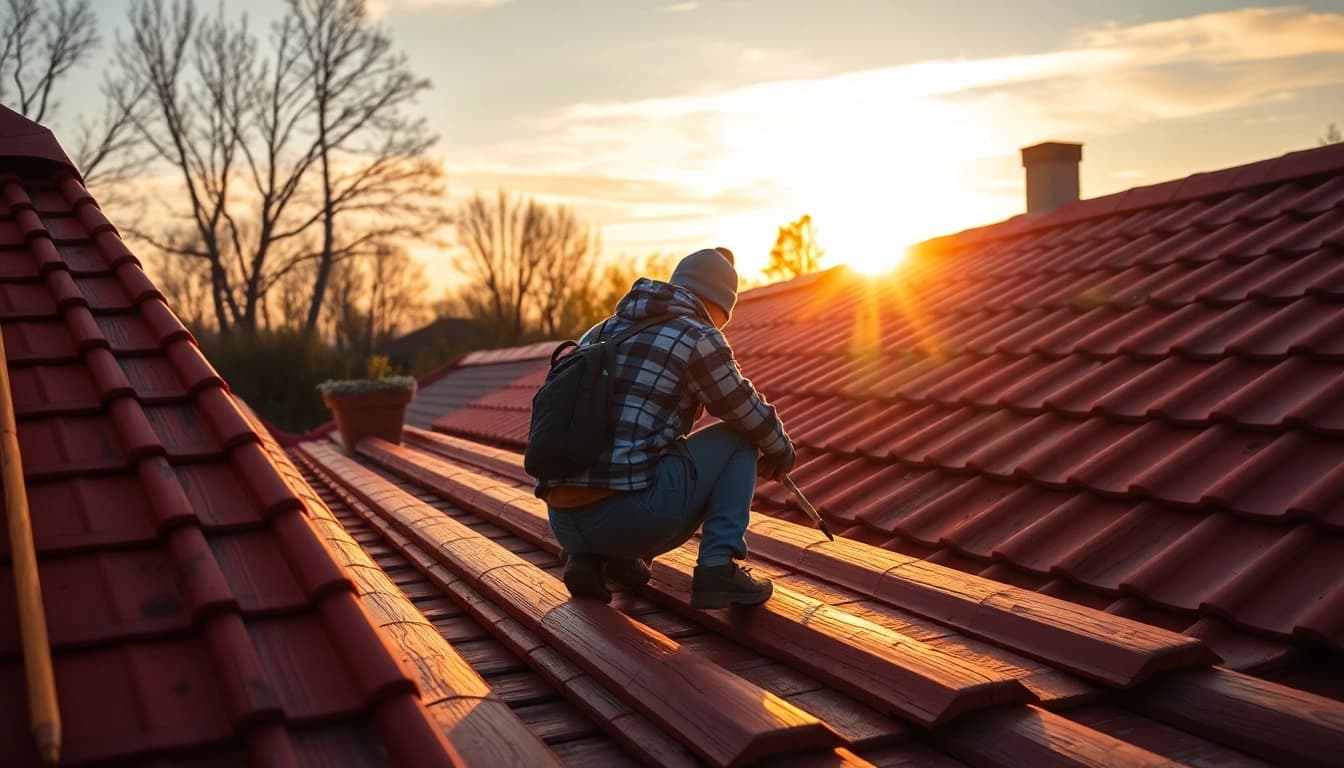 Verbessern Sie Ihr Zuhause mit Kohaut Bedachungen – Handwerker reparieren ein Ziegeldach im Sonnenlicht.