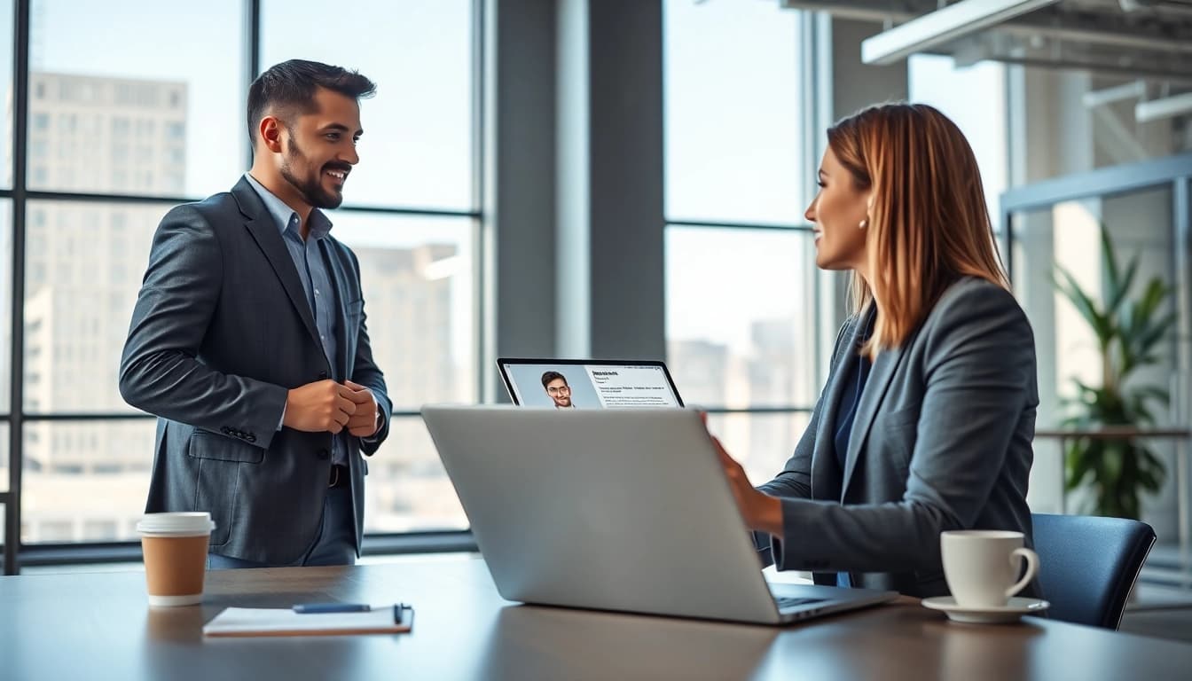 Headhunter Ingenieure in einem modernen Büro, die mit einem Ingenieur diskutiert.