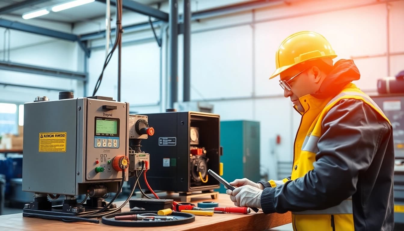Technician performing a DGUV V3 Prüfung on electrical equipment, ensuring workplace safety and compliance.