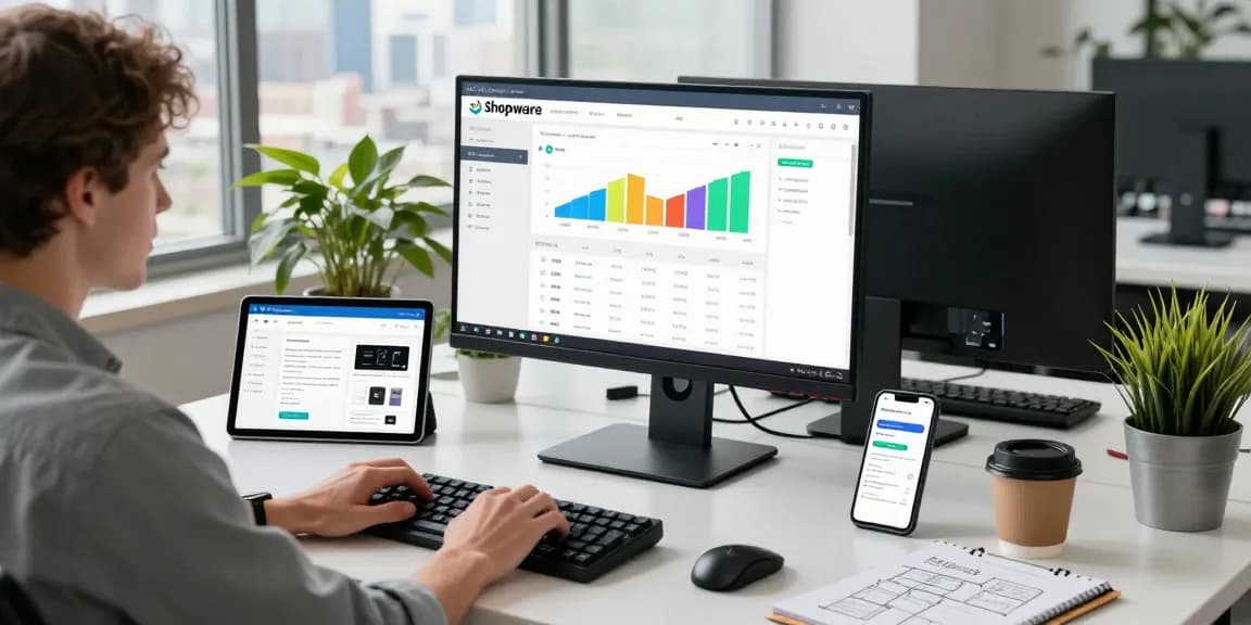 Shopware-Freelancer, der sich auf E-Commerce-Lösungen in einem modernen Arbeitsumfeld mit analytischen Tools und Design-Mock-ups konzentriert.