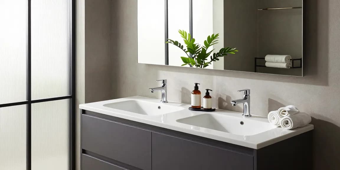 Modern badkamer meubel in een elegant ontworpen badkamer met stijlvolle decoratie en natuurlijk licht.