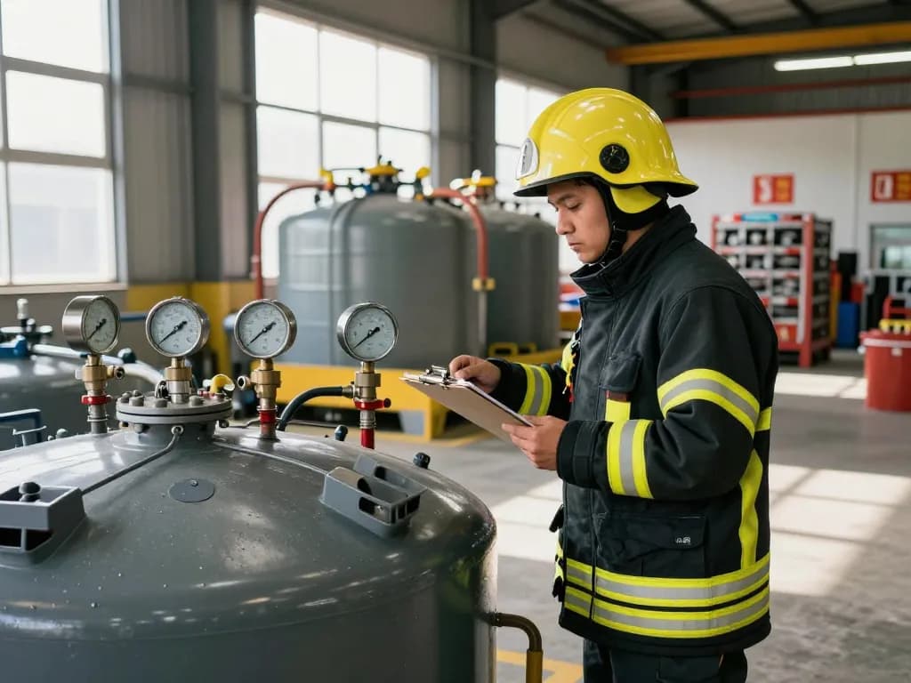 Löschwasserzisterne für Lagerhalle im Einsatz, die Sicherheitsinspektionen und Einsatzbereitschaft der Brandbekämpfung mit Zisternen in einem Industriewarenlager hervorhebt.
