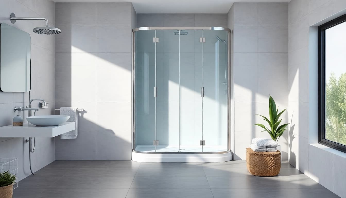 Sonni Duschkabine 90x90 in modernem Badezimmer-Design mit elegantem Glas und Chrom-Details.