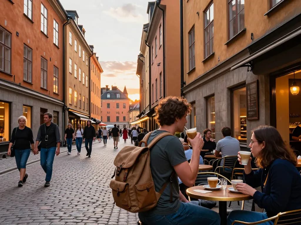 Reisetipps Stockholm: Reisender genießt die lebendigen Straßen und lokalen Cafés im charmanten Gamla Stan.