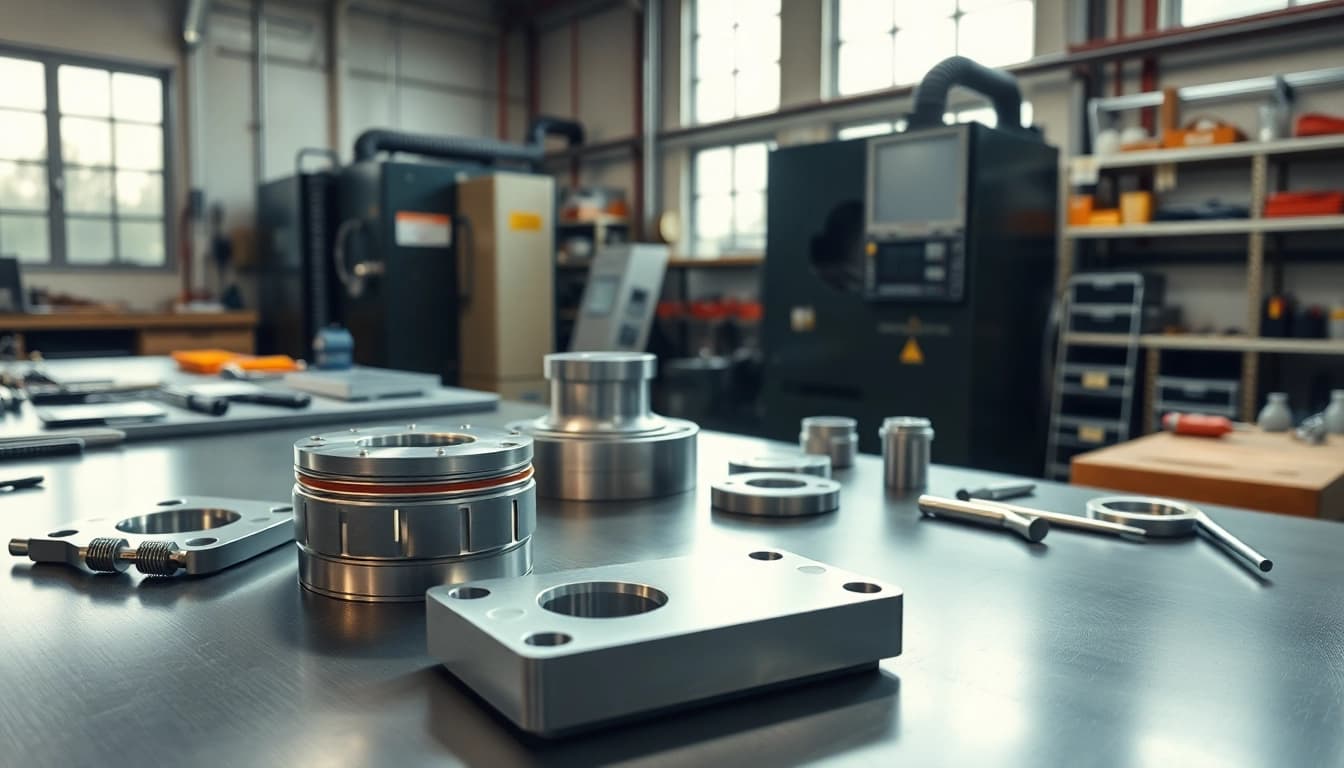 Frästeile auf einem modernen Werkstatt Tisch, umgeben von Werkzeugen.