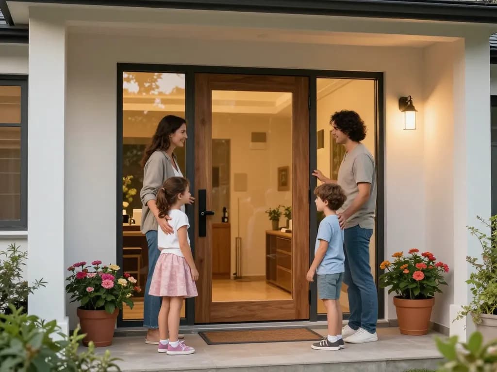 Familie am stilvollen Haustür-Eingang willkommen heißen, modernes Design präsentieren.