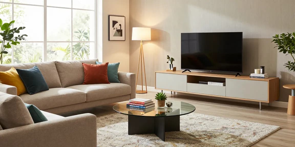 Stilvolles Wohnzimmer mit modernen Möbeln, das wohnmöbel online kaufen in einem einladenden Umfeld zeigt.