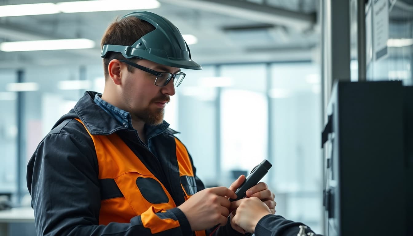 Techniker führt eine DGUV V3 Prüfung an elektrischen Geräten durch, sorgfältige Analyse der Sicherheit.