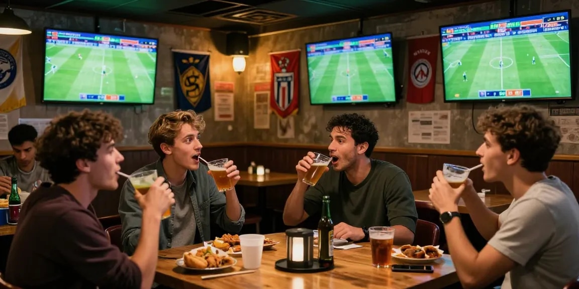 Fussball wetten in einer lebhaften Sportsbar mit Freunden, die über ihre Tipps diskutieren.