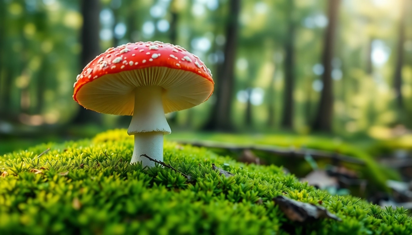 Fliegenpilz pulver auf einem lebendigen roten Hut des Fliegenpilzes vor einem Moosbett.