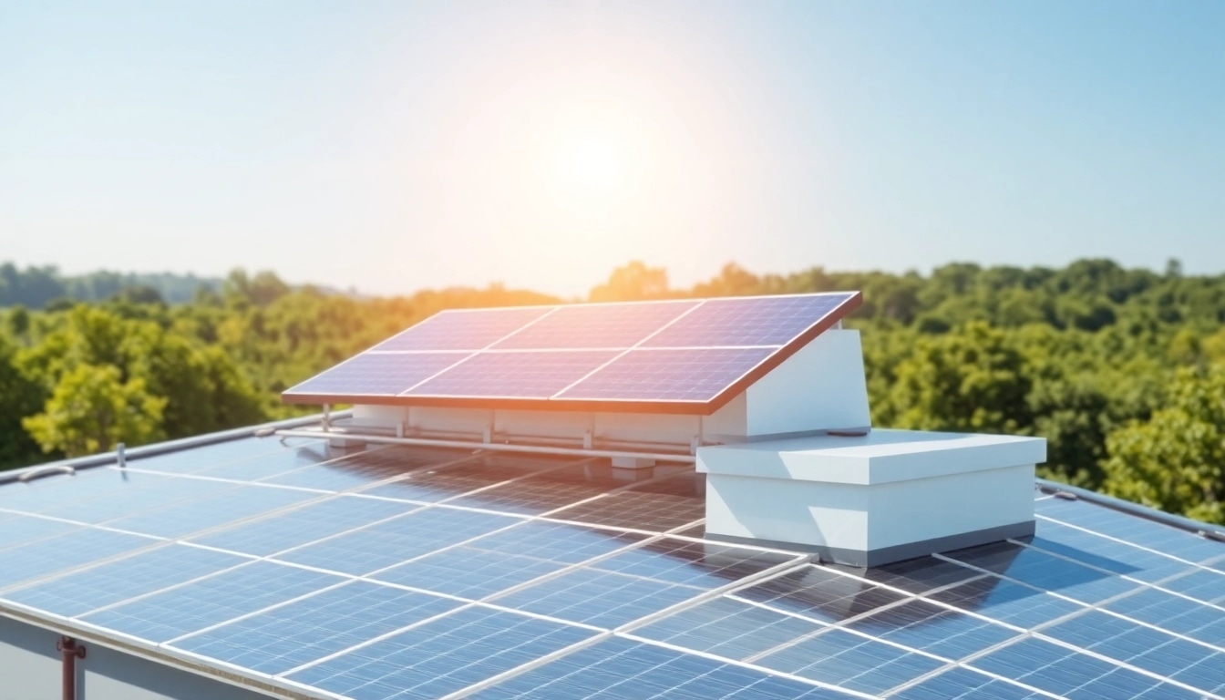 Visualisierung einer innovativen Photovoltaik Investment-Anlage auf einem modernen Dach, um Nachhaltigkeit und Effizienz zu fördern.