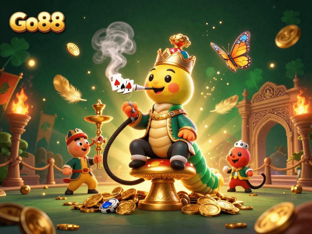 Engage in thrilling gameplay at Go88 with an enchanting 3D illustration capturing poker symbols, golden coins, and vibrant atmosphere.