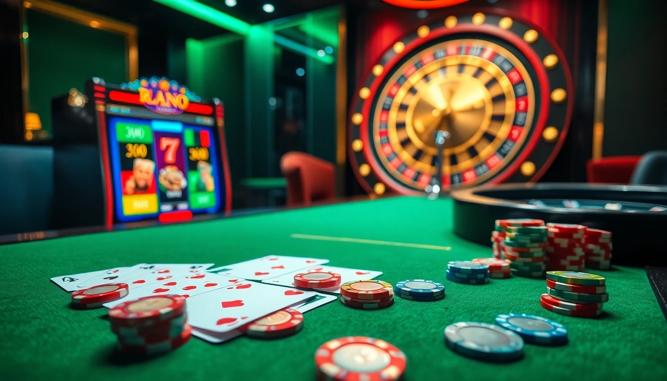Exciting gaming scene at https://s8onl.com/ featuring vibrant slot machines, poker chips, and roulette.