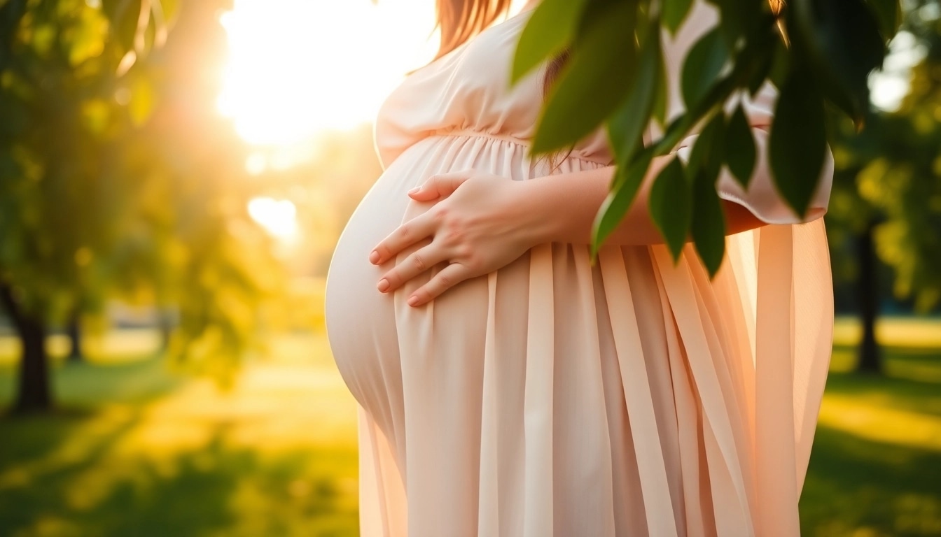 Kreative Babybauch Fotografie einer schwangeren Frau in einem natürlichen Umfeld.