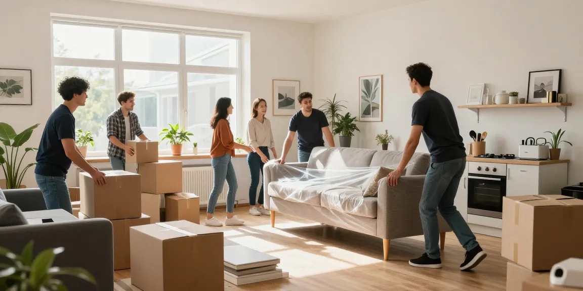 Umzugsunternehmen Darmstadt, professionelles Umzugsteam packt Möbel und Kartons in modernem Apartment, freundliche Atmosphäre.