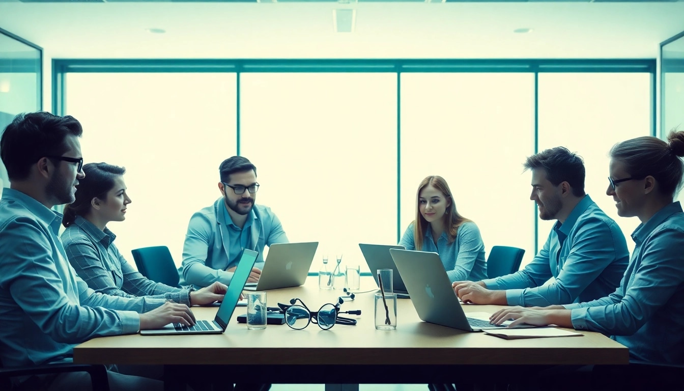 IT-Profis diskutieren bei einem Meeting, angeleitet von einem Headhunter IT, während sie innovative Technologien nutzen.