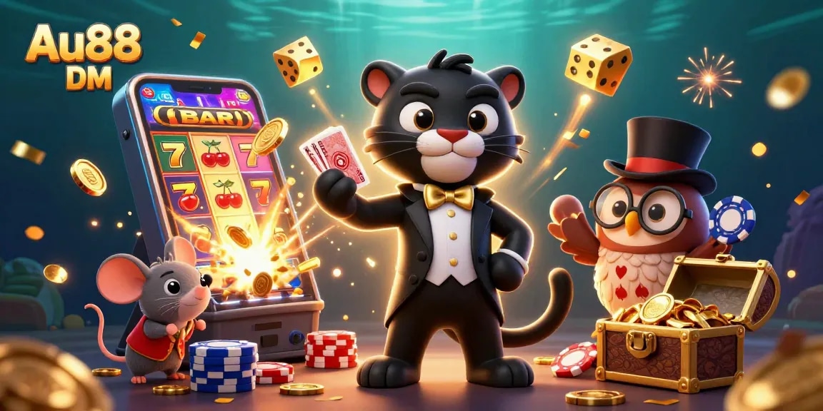 Engage with Au88 DM's dynamic casino scene showcasing stylish characters and vibrant game elements