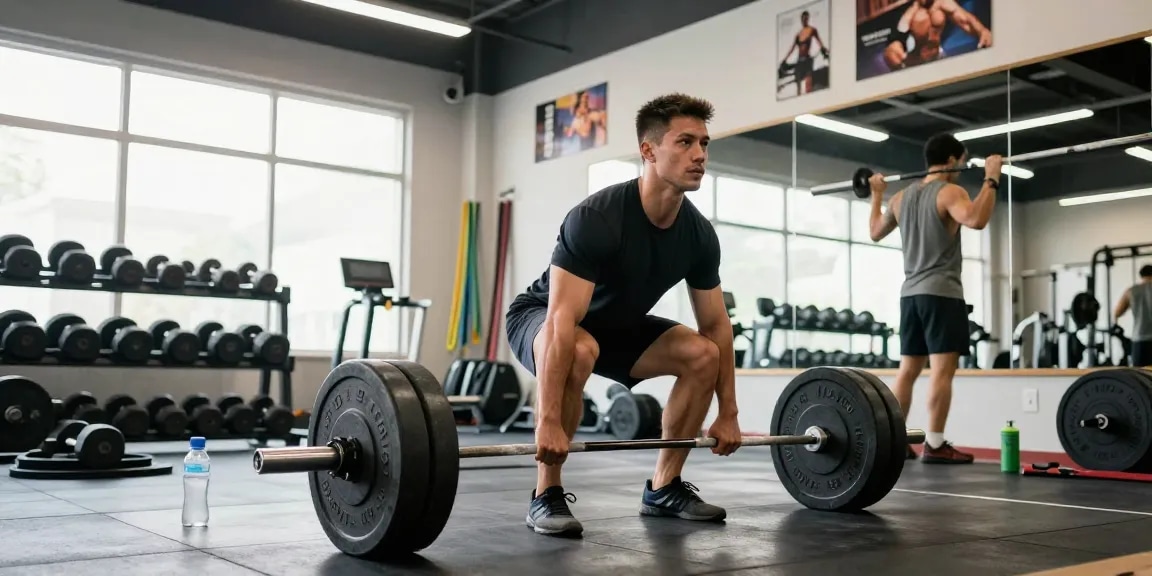 Aktiver Athlet im Anabolika Shop beim Deadlifts; Fitnessstudioszenen mit Motivation und Ausdauer