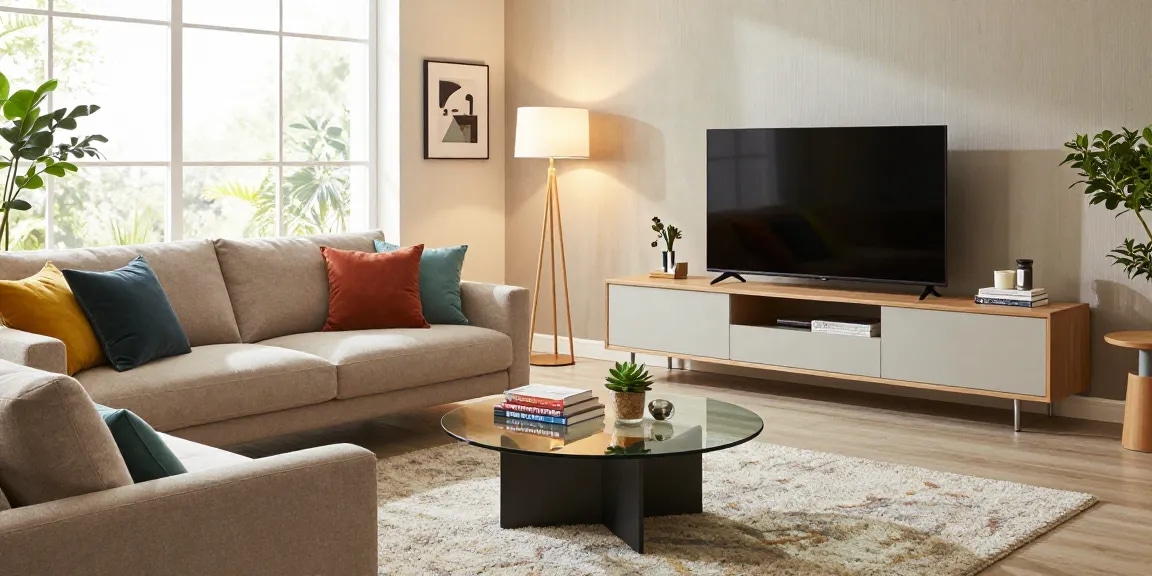 Stilvolles Wohnzimmer mit modernen Möbeln, das wohnmöbel online kaufen in einem einladenden Umfeld zeigt.