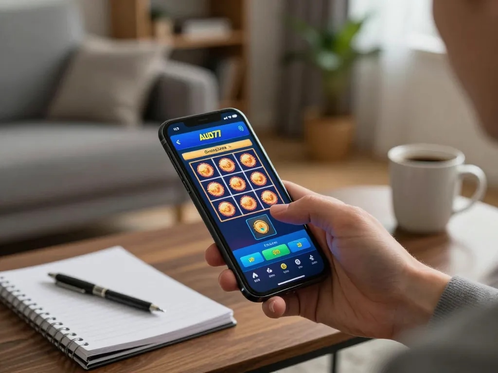 Player interacting with aud77 casino app on smartphone in cozy living room, showcasing responsible gaming