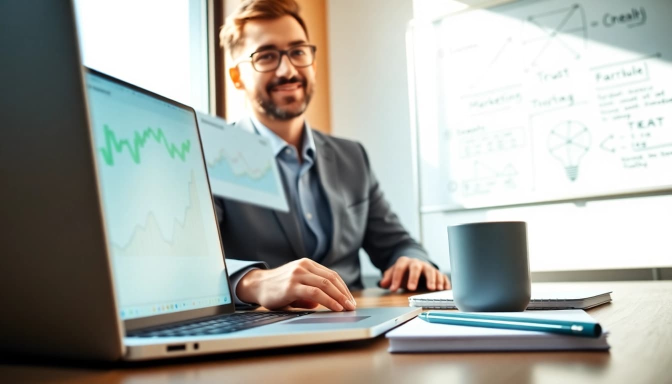 Online Marketing Strategien in einer modernen Büroumgebung analysieren und planen.