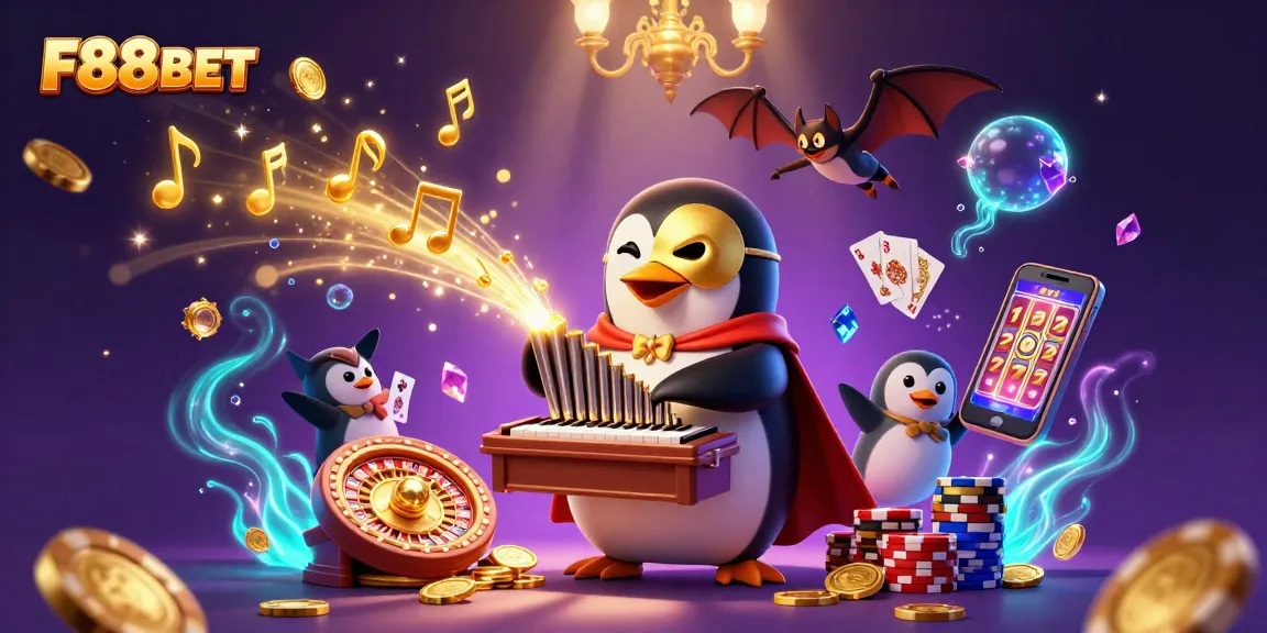 Engage with thrilling gameplay at F88BET featuring a penguin playing gold coin organ amidst vibrant casino elements.