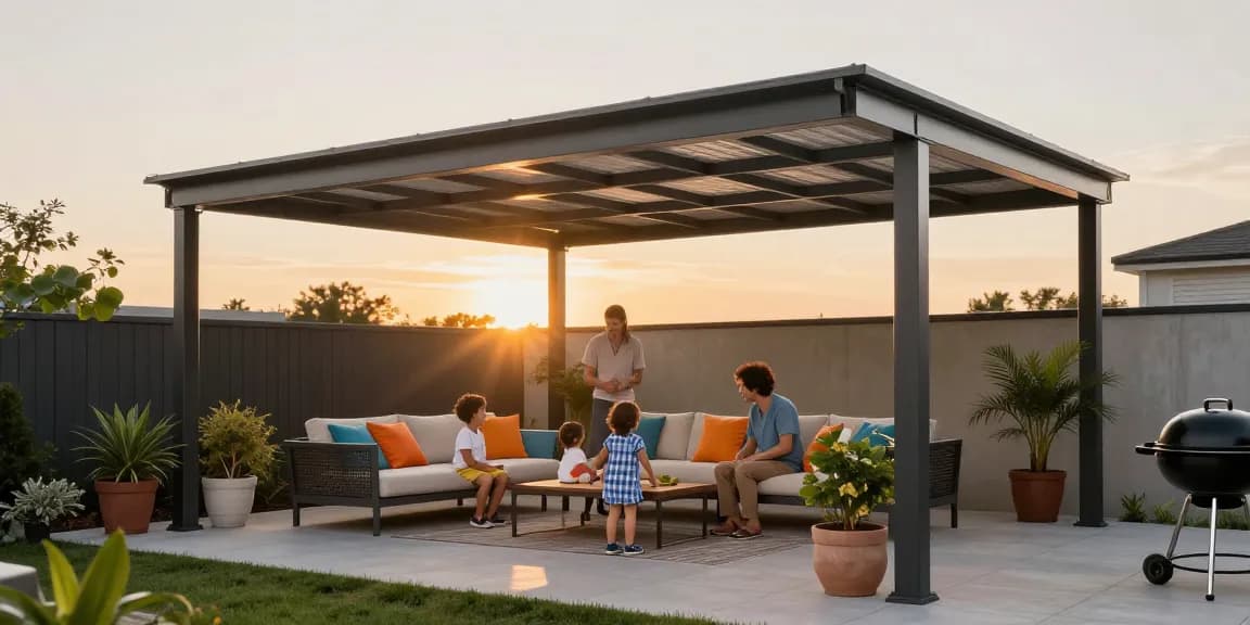 Familie unter einer modernen Terrassenüberdachung aus Aluminium, die den Außenbereich stilvoll genießt.