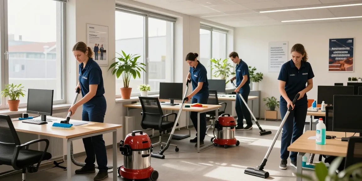 Professional cleaning team conducting unterhaltsreinigung solothurn in a bright office, showcasing teamwork and cleanliness.