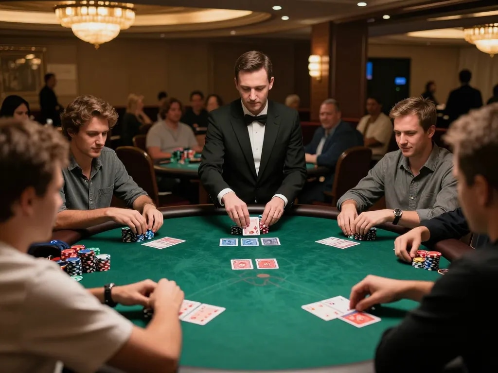 Players strategizing in a cm88 poker game with vibrant chips and elegant casino decor