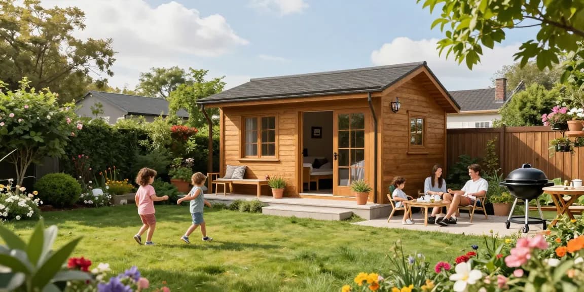 Gartenhäuser aus Holz umgeben von bunten Blumen und spielenden Kindern, perfekte Sommer-Oase.