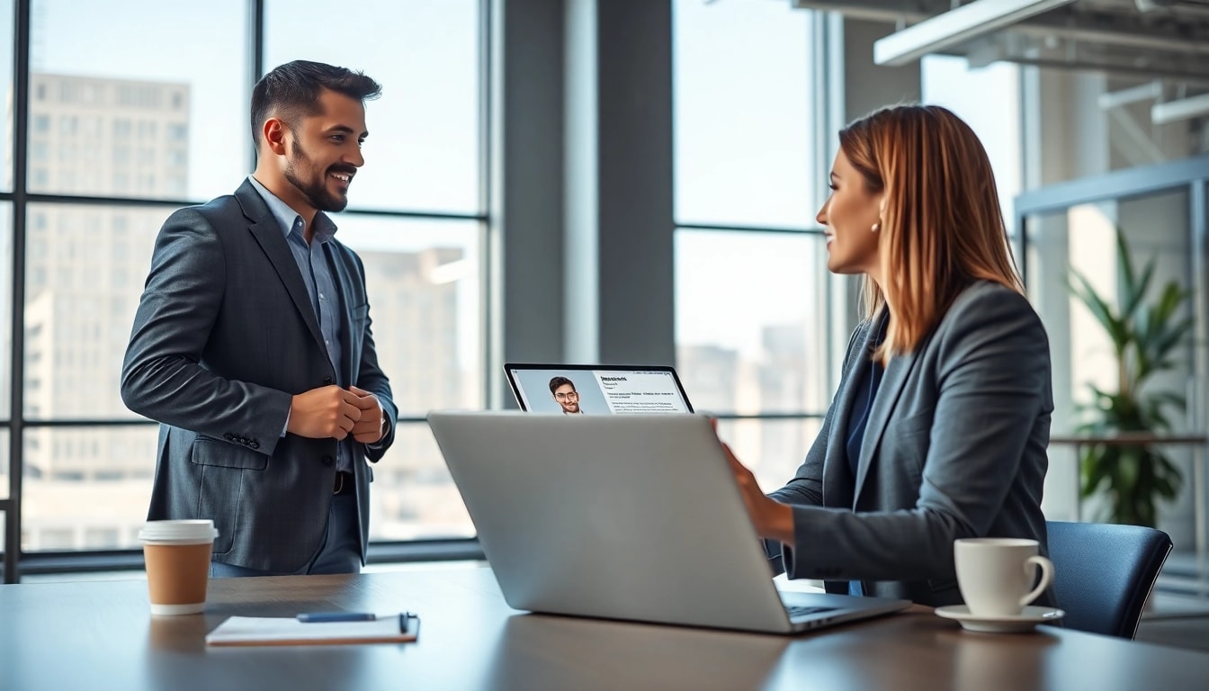 Headhunter Ingenieure in einem modernen Büro, die mit einem Ingenieur diskutiert.