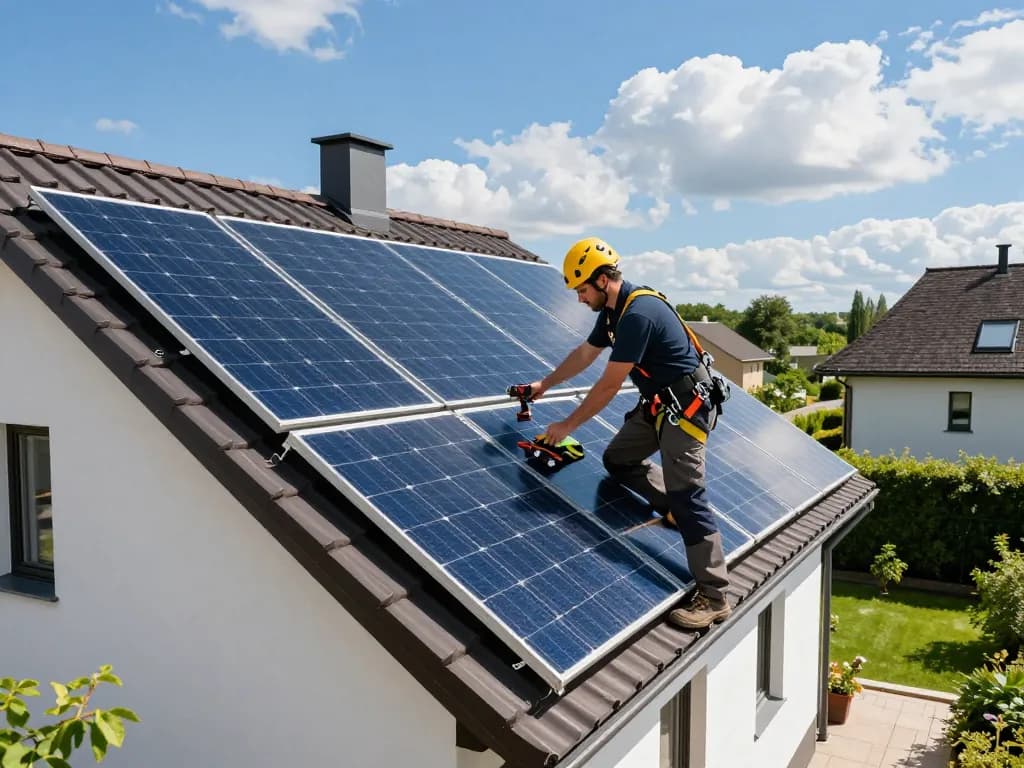 Solar Wien Solarpanelinstallation an einem modernen Wiener Zuhause mit Techniker und Werkzeugen.