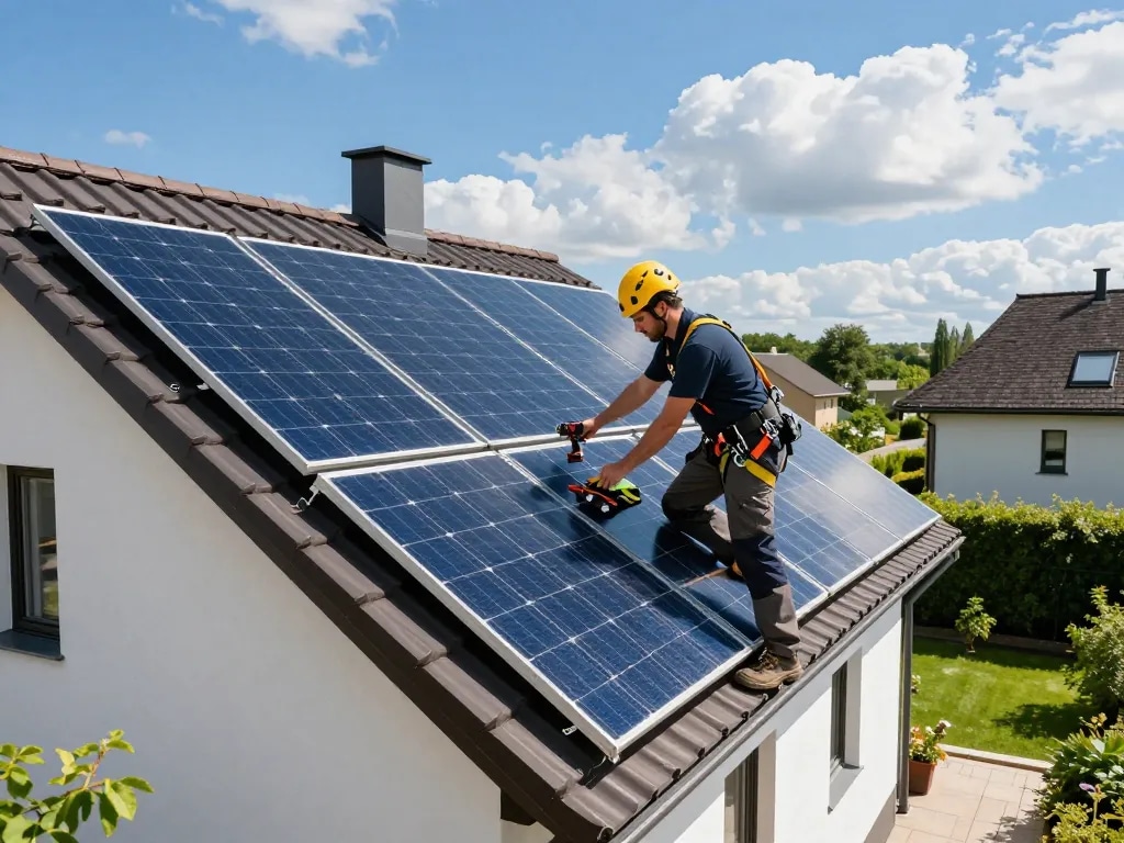 Solar Wien Solarpanelinstallation an einem modernen Wiener Zuhause mit Techniker und Werkzeugen.