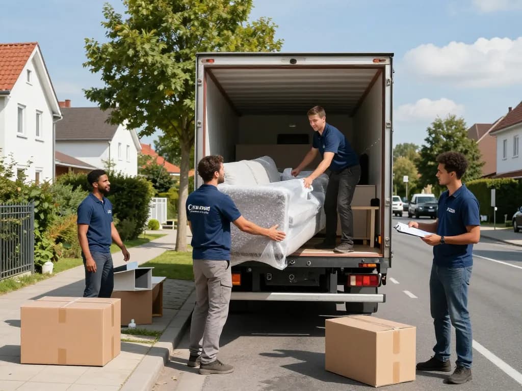 Effiziente Umzugshelfer von Umzugsfirma Harburg, die Möbel für einen nahtlosen Umzug verpacken.
