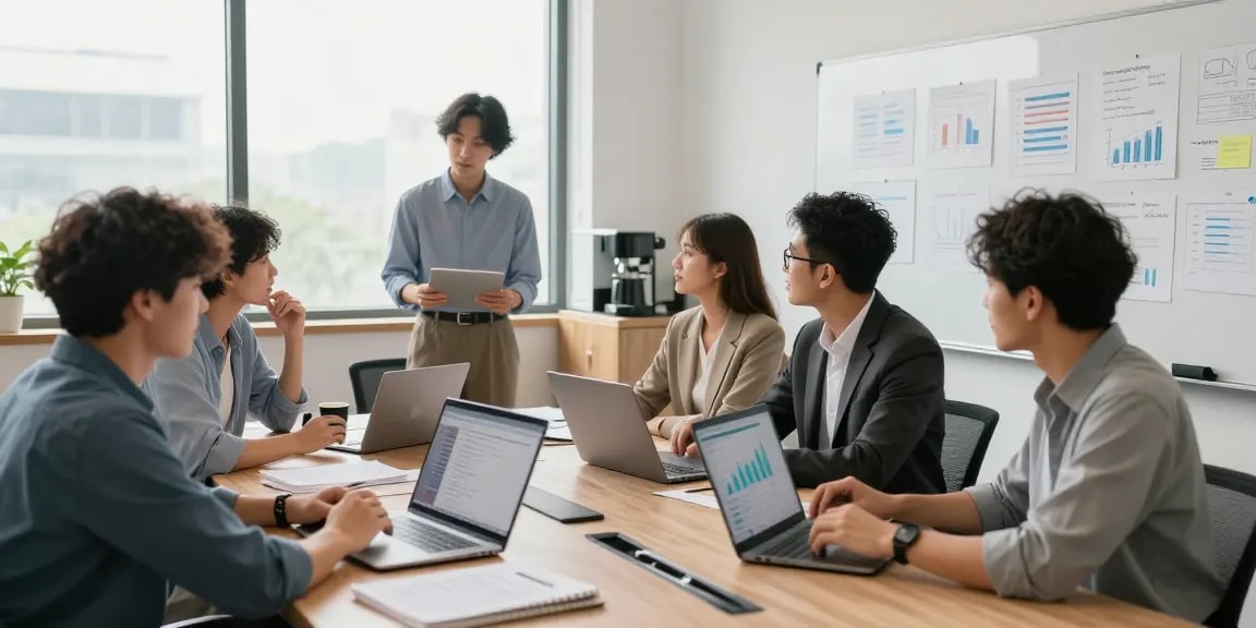 Feedback Kultur Arbeit: Team in modernem Büro, das an Feedback-Sitzung arbeitet.
