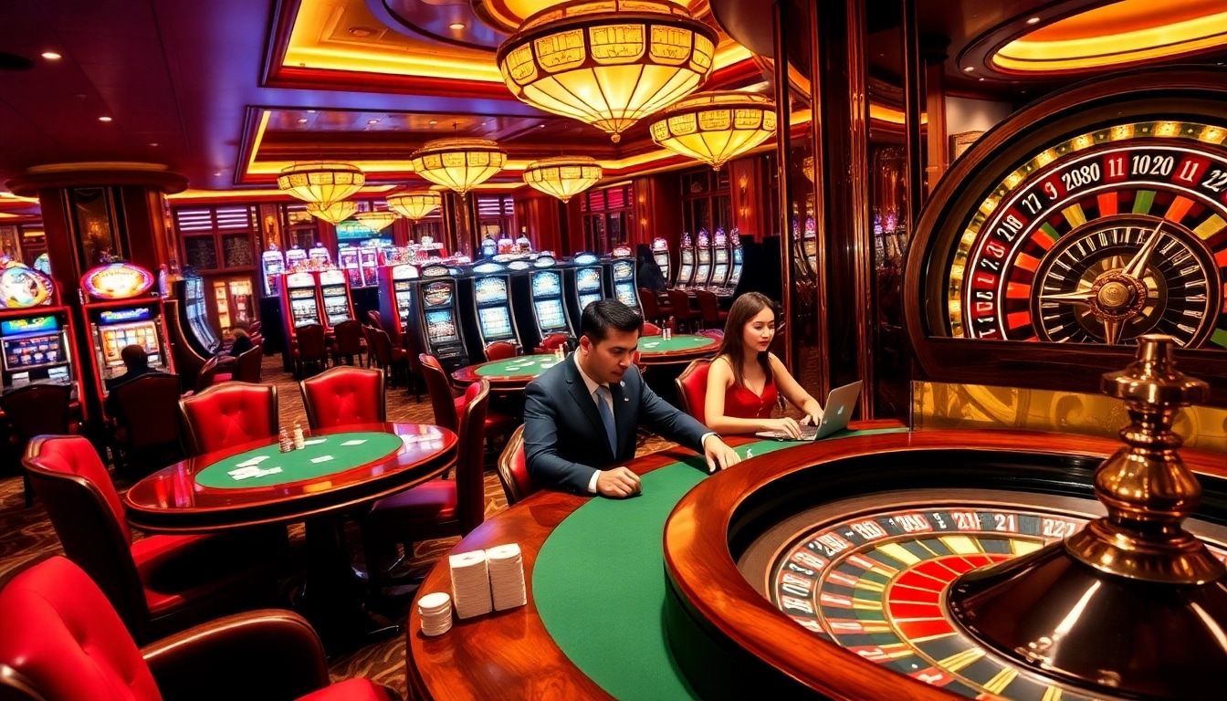 Engaged players at nhà cái NOHU enjoy vibrant casino gaming with poker, roulette, and slot machines in a luxurious setting.