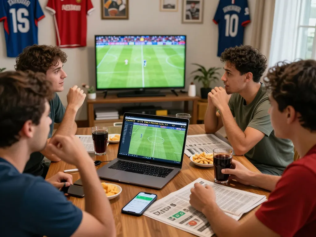 Friends excitedly discussing tỷ lệ kèo bóng đá while analyzing live sports odds.
