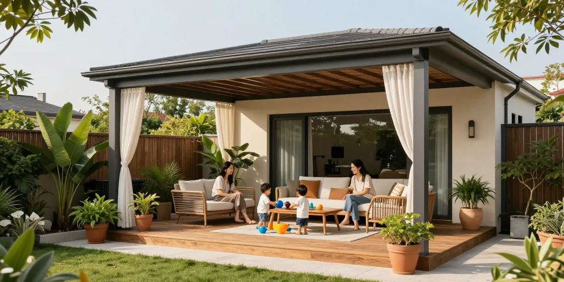 Terrassenüberdachung freistehend im Garten mit Familie und Spielzeugen