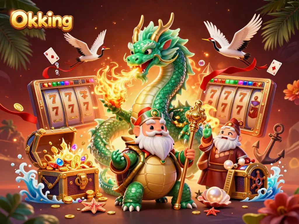 Engage in slots gameplay with Okking's vibrant casino scene featuring a dragon and hidden treasures.