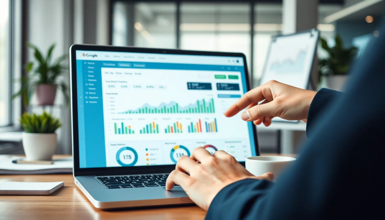 Visualisierung des SEO-Rankings in einem modernen Büro, mit einem Laptop, der ein erfolgreiches SEO-Dashboard zeigt.