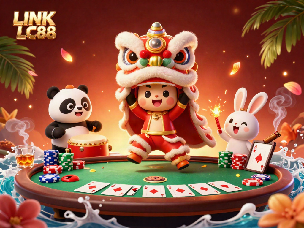 Experience excitement with LINK LC88's vibrant casino scene featuring a lively lion dance and poker elements.