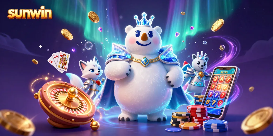Experience thrilling gameplay with Sunwin as cascading coins and vibrant gems surround festive characters.
