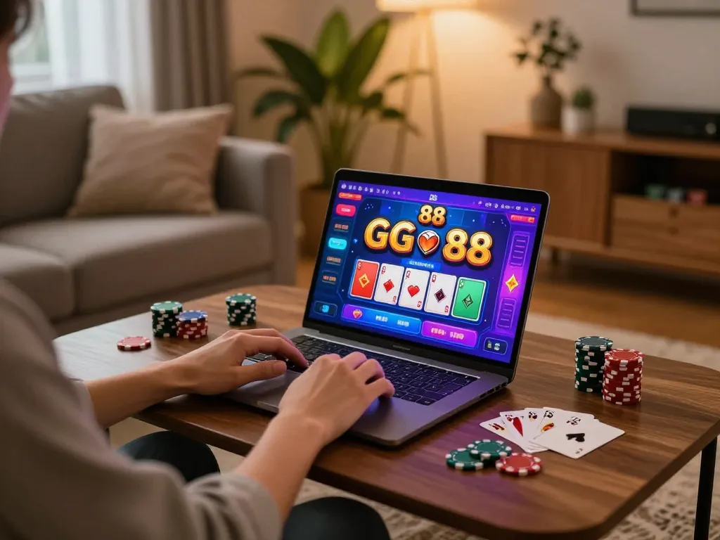 Engaging online gaming session showcasing GG 88 app on laptop with colorful graphics and strategic gameplay