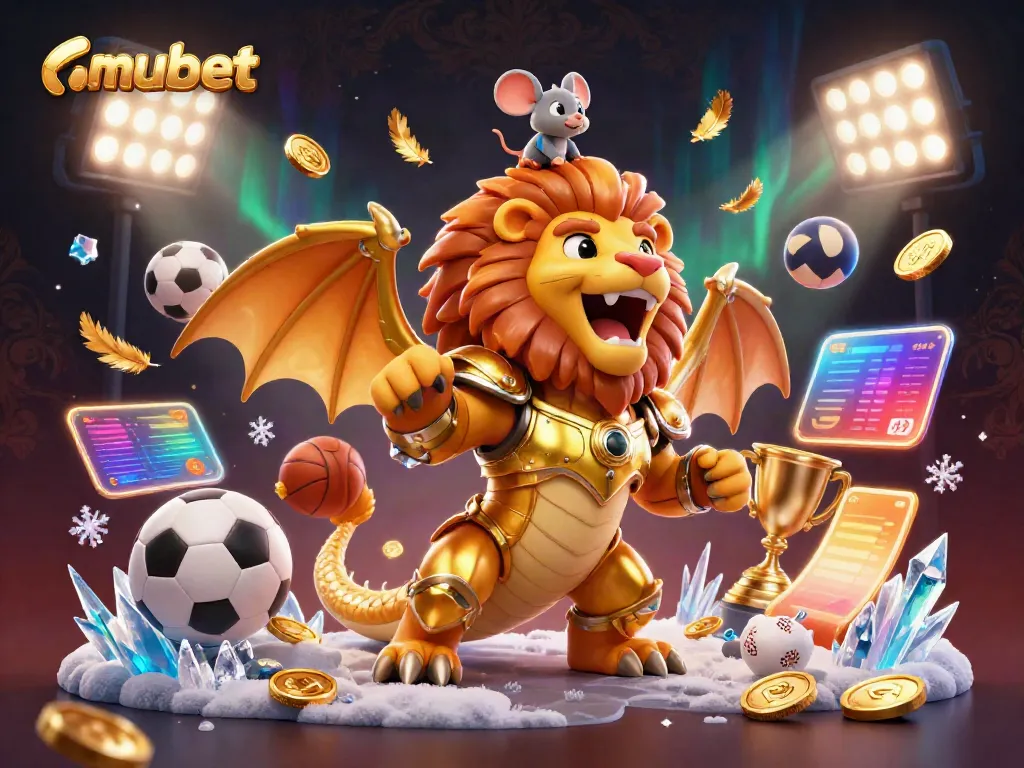 Experience exhilarating wins at mubet with a vibrant 3D casino scene featuring a golden chimera and dynamic sports actions.