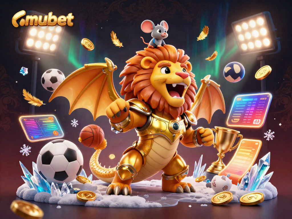 Experience exhilarating wins at mubet with a vibrant 3D casino scene featuring a golden chimera and dynamic sports actions.
