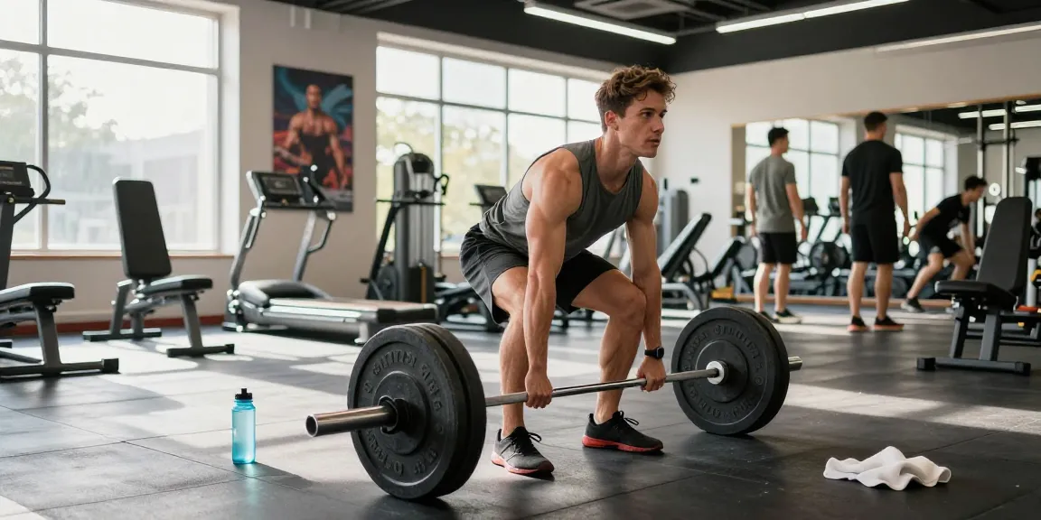 Selliza Shop: Athletischer Mann hebt Gewichte im modernen Fitnessstudio mit strahlendem Licht und Motivationspostern.